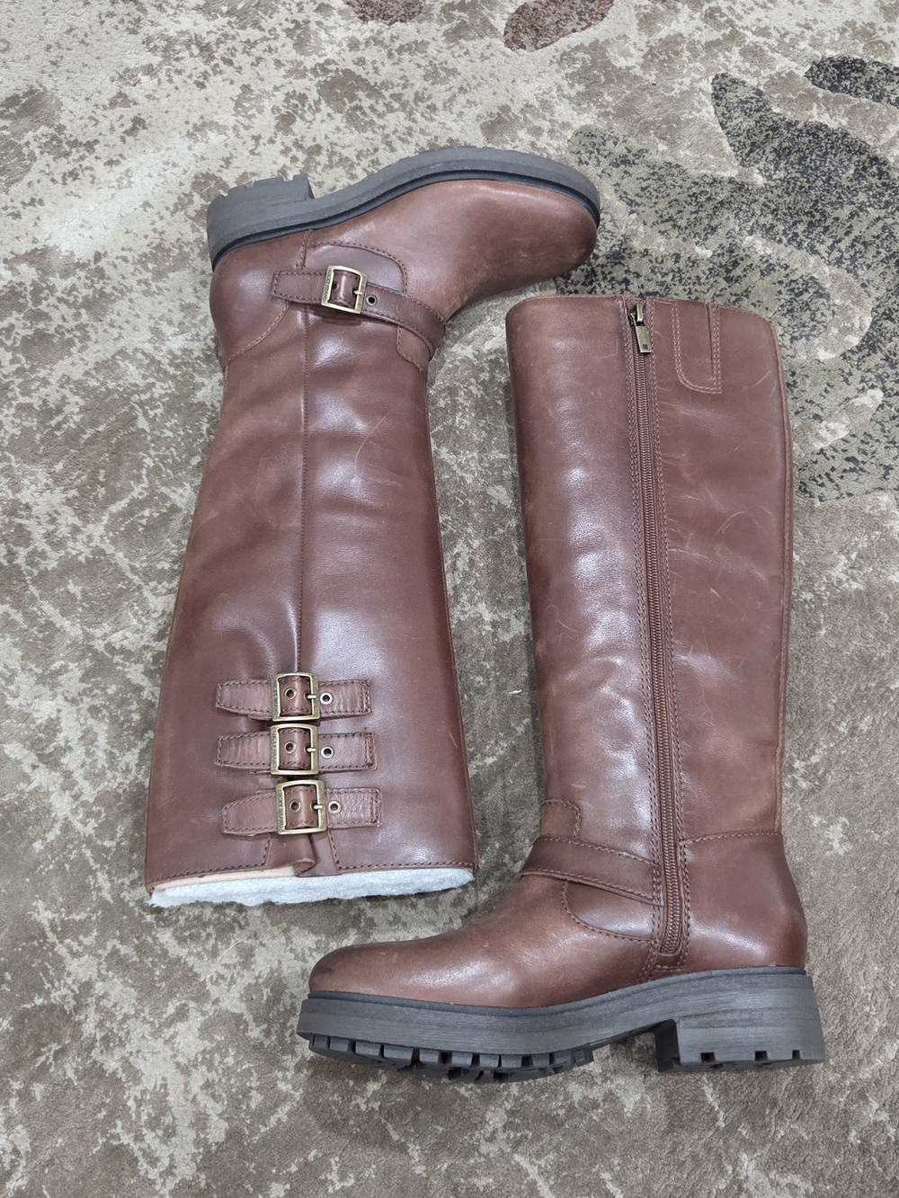 Women's Tall Brown Leather Riding Boots with Buckle Accents